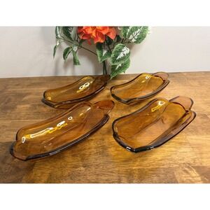 Vintage Amber‎ Glass Banana Split Dishes MCM Dessert Serving Bowls Set Of Four